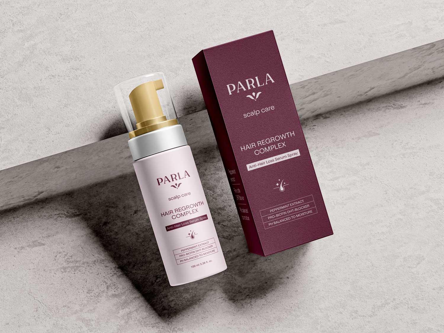 Parla Hair Regrowth Complex serum spray and packaging